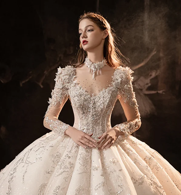 ZX-3025 Wedding dress bride 2024 new runaway princess heavy luxury main yarn long tail style long sleeves