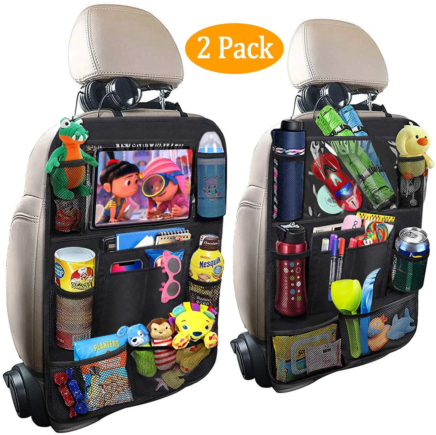 2021 Hot Design Kick Mats Car Backseat Organizer Car Organizers With Touch Screen Tablet 2 Pack Sets Hanging Bag For Kids