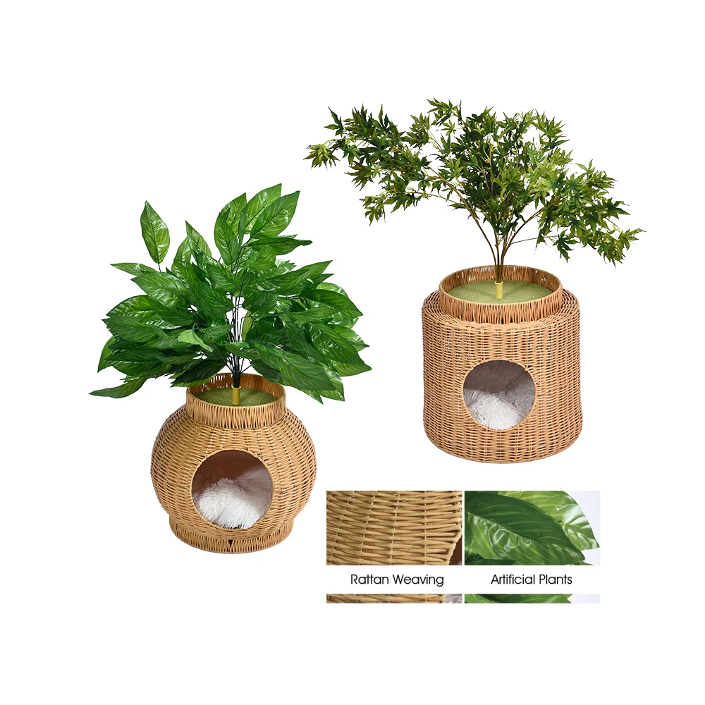 Cat Tree With Leaves Home Decorative Furniture Manufacturer Safely Artificial Plants Handmade Rattan Weaving Cat Cave House