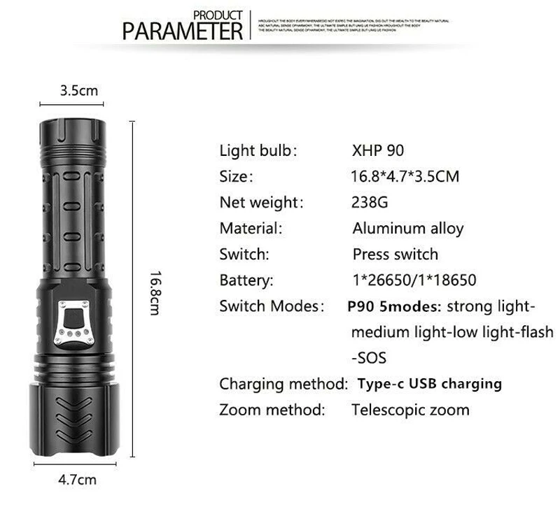 Мощный масштабируемый фонарик XHP90 1800 лм 26650 перезаряжаемый аккумулятор USB Тактический фокус светодиодный светильник для