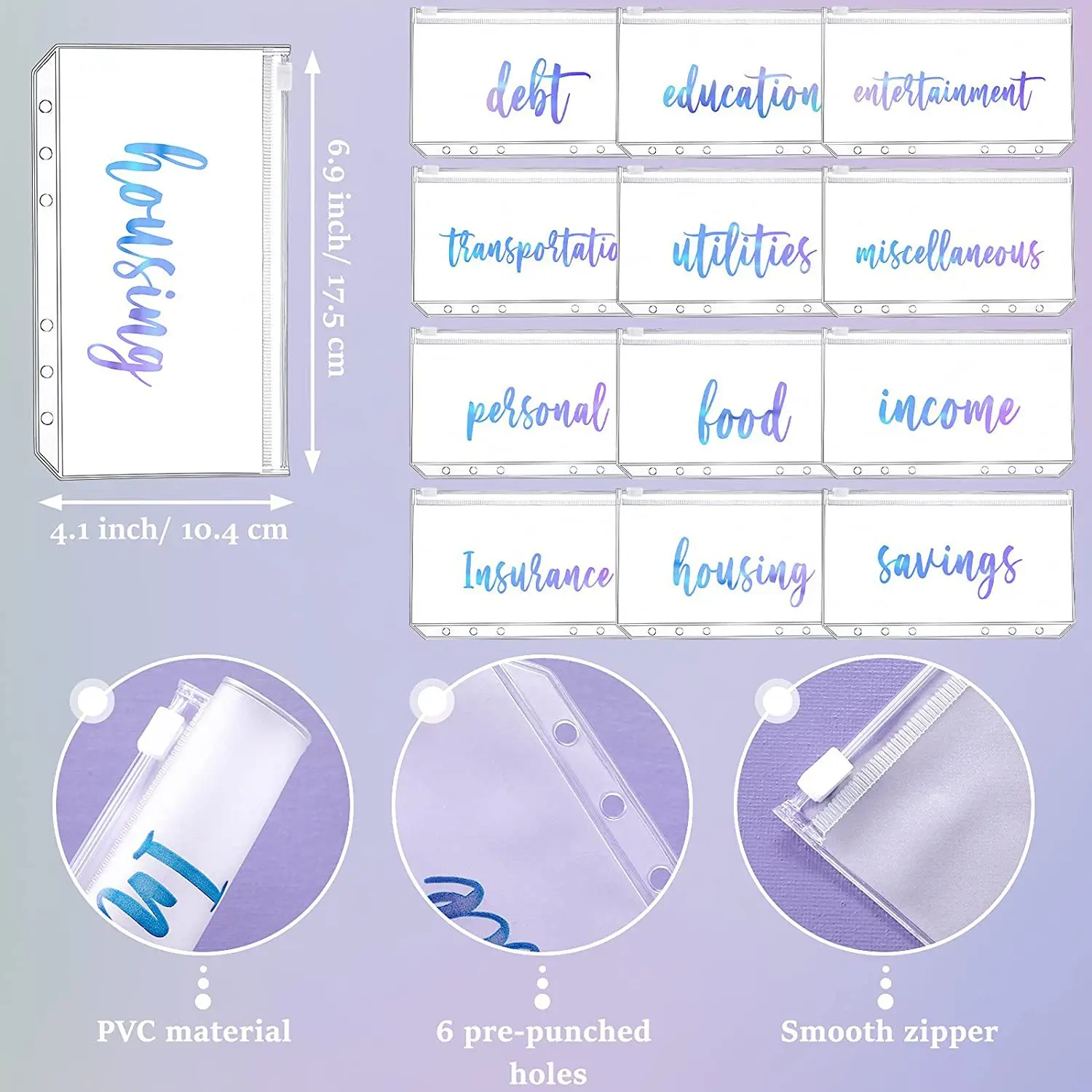 plastic pvc zipper bag clear holographic mylar aluminum foil zipper bags pouch label stickers a6 a7 cash envelopes for budgeting