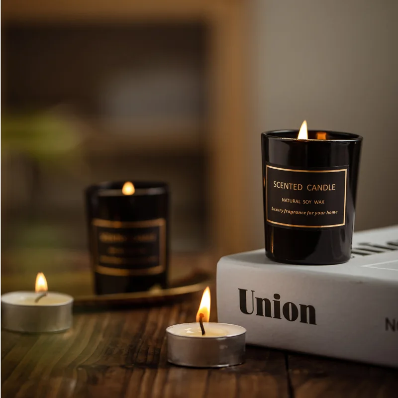 Home Decoration 100% natural Aromatherapy soy wax black glass scented candle