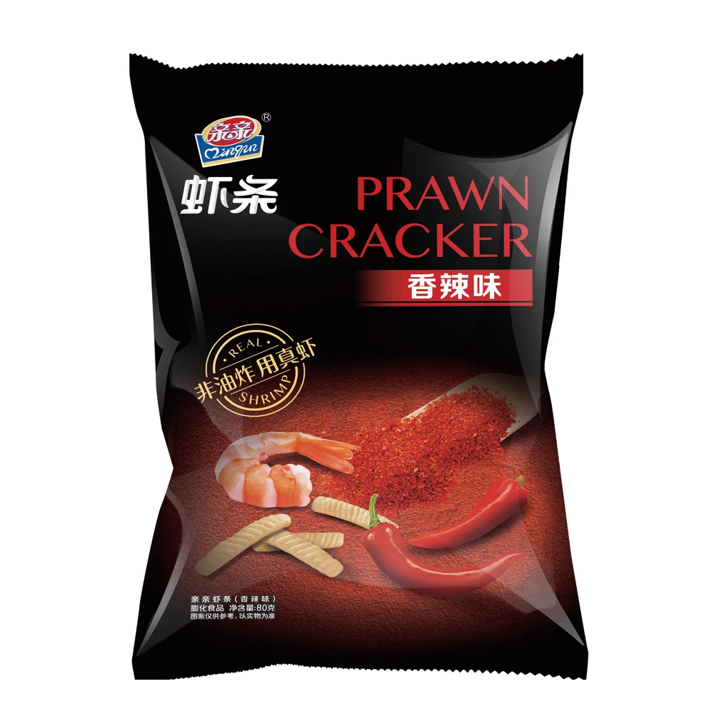 QINQIN OEM Prawn Cracker Spicy Flavor 80g Non-Fried Leisure Food Snacks Crispy Puffed Seafood Snacks Food