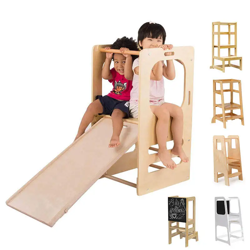 Children Kitchen Step Stool Wooden Climbing Frame Montessori Toddler Learning Tower with Slide and Blackboard Natural for Kids