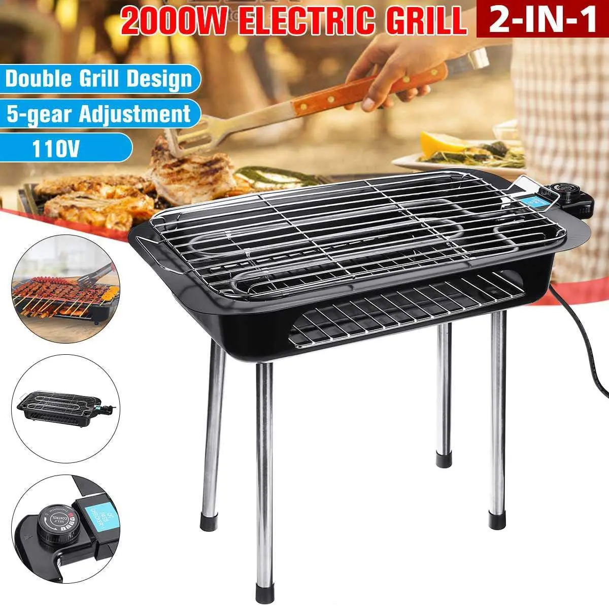 Portable Electric Barbecue Grill Outdoor Indoor Smokeless Non-Stick Griddle Plates