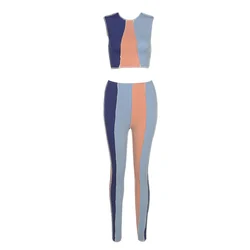 Nibber K21S01079 female summer contrast fitness sporty casual sleeveless ribbing 2piece set women