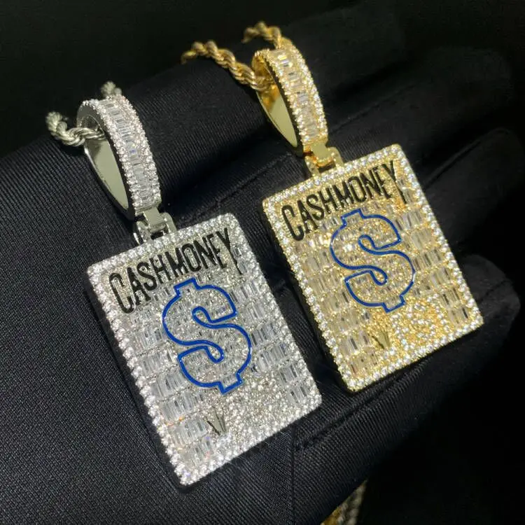 Hip Hop Jewelry Micro Pave 5A Geometric Rectangle CZ Cash Money Dollar Pendant With Rope Chain Necklace For Men Boy