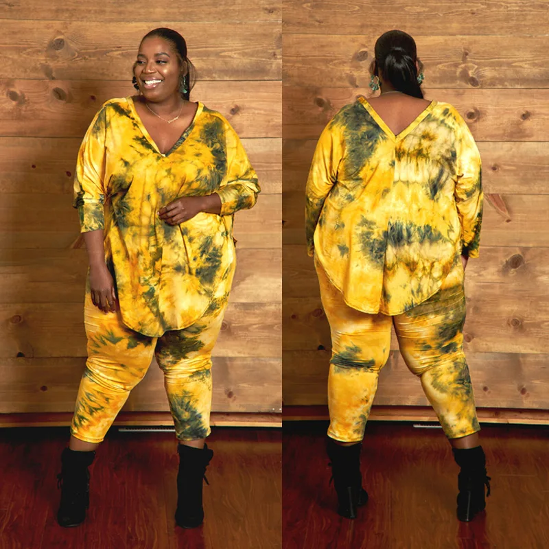 2021 New Arrivals Bodycon Tie Dye Clothing Outfit Plus Size 2 Piece Set Women