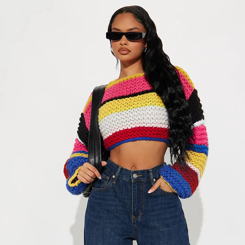 Bomblook D24TP530 2024 Autumn Striped Long Sleeved Rainbow Grid Short Sweater Knitwear Crop Top Wholesale