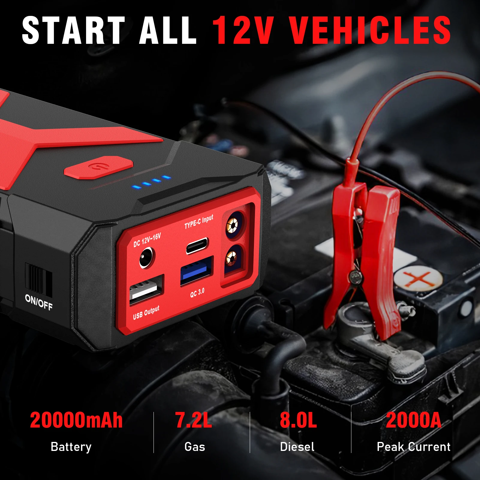 Car jump starter cable for car Peak car jump starter with 20000mah 12V DC for 7.2L Gas or 8.0L Diesel A