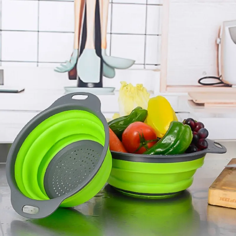 Collapsible Foldable kitchen rice strainer adjustable silicon collapsible bowl plastic strainer colanders set with hand