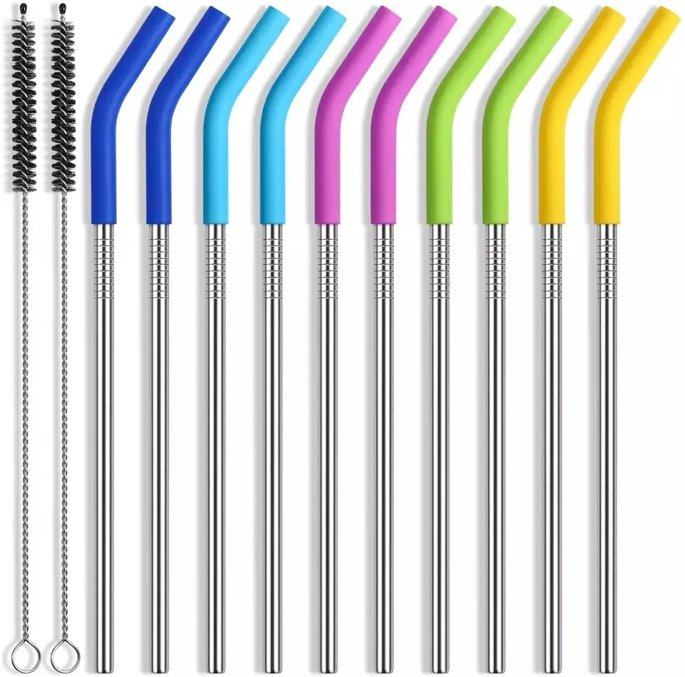 8 .5' Bent Reusable Metal Drinking Straw With Silicone Tips