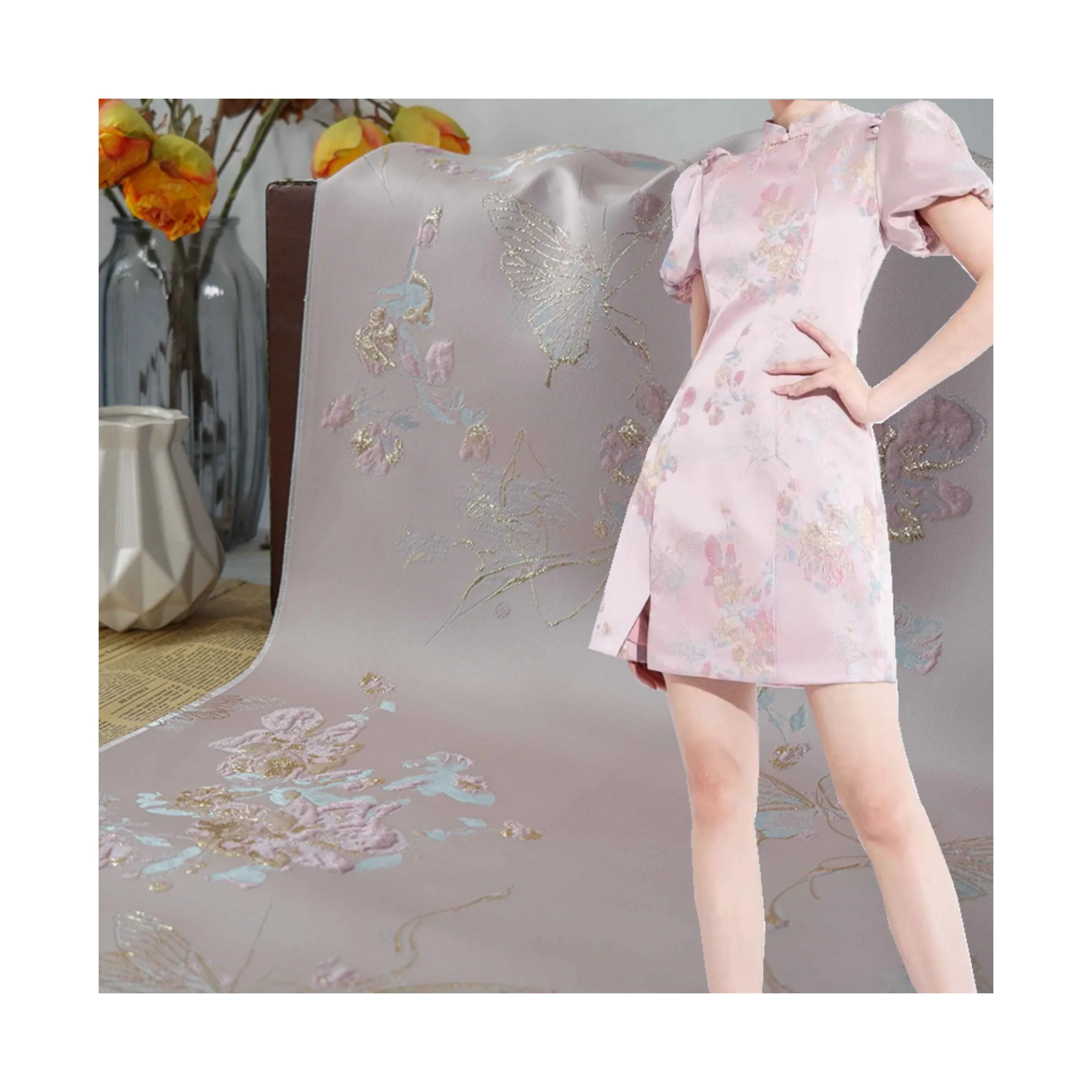 Wholesale designer light emboss butterfly luxury floral jacquard silk metallic satin fabric