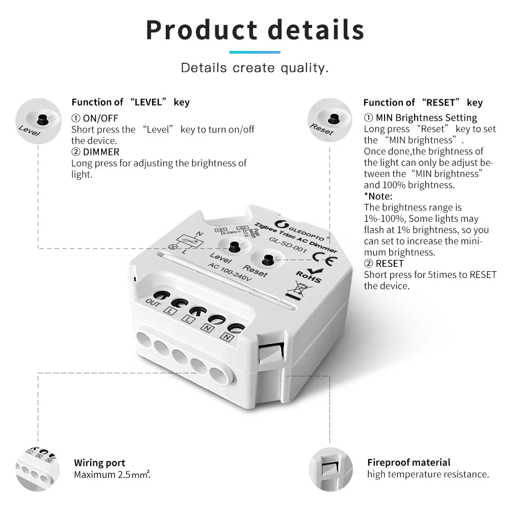 New design GL-SD-001 wireless constant current AC dimmer zigbee wall switch led light dimmer