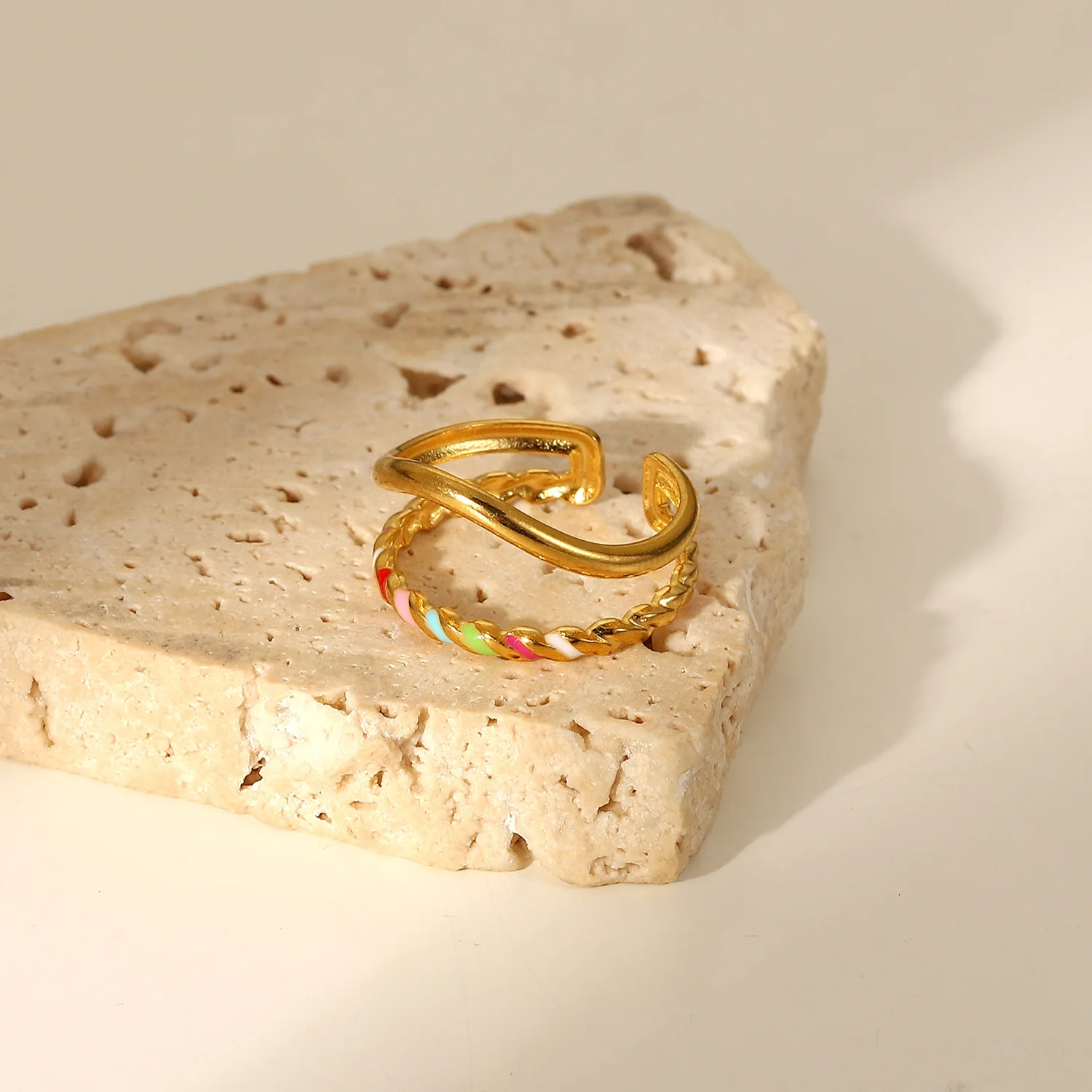 New Cheap Stainless Steel 18k Gold Plated Enamel Colorful Dripping Oil Twist Double Layer Special Shaped Opening Ring