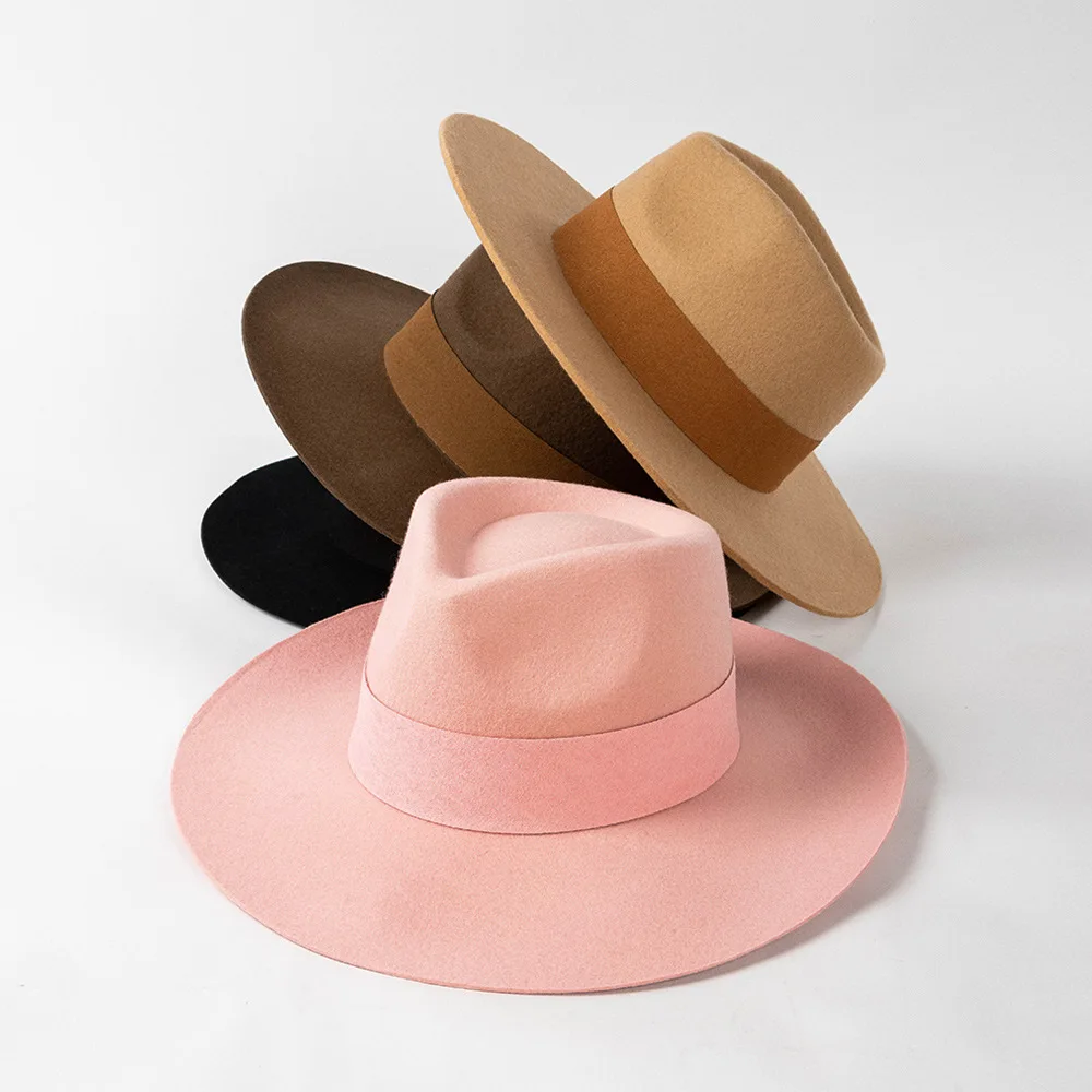 2024 Fashion Custom Australian 100% Wool Felt Multiple Colors Ribbon Stiff Hard Flat Wide Brim Fedora Hats