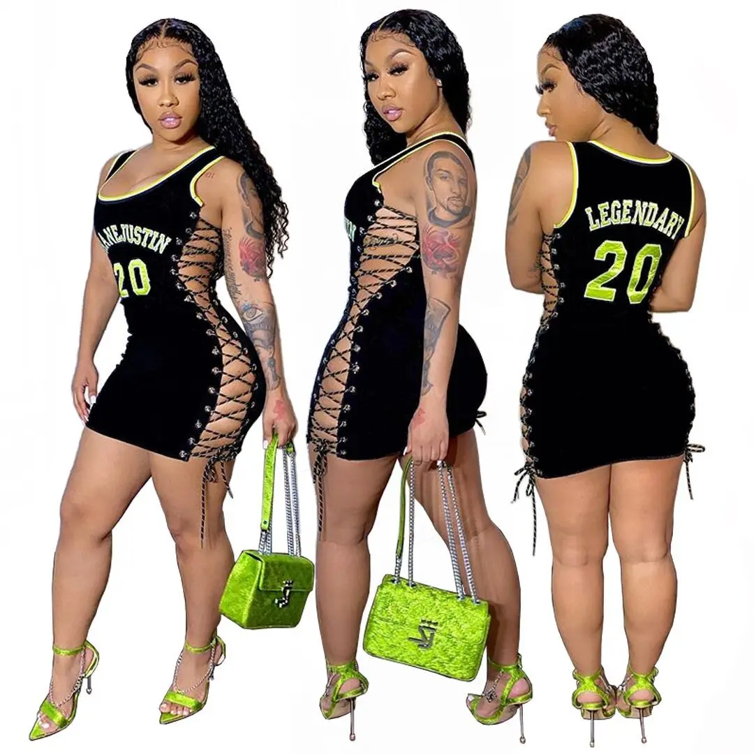 
2021 summer Nightclub style sexy club sleeveless letter print hollow out lace up bodycon mini dress 