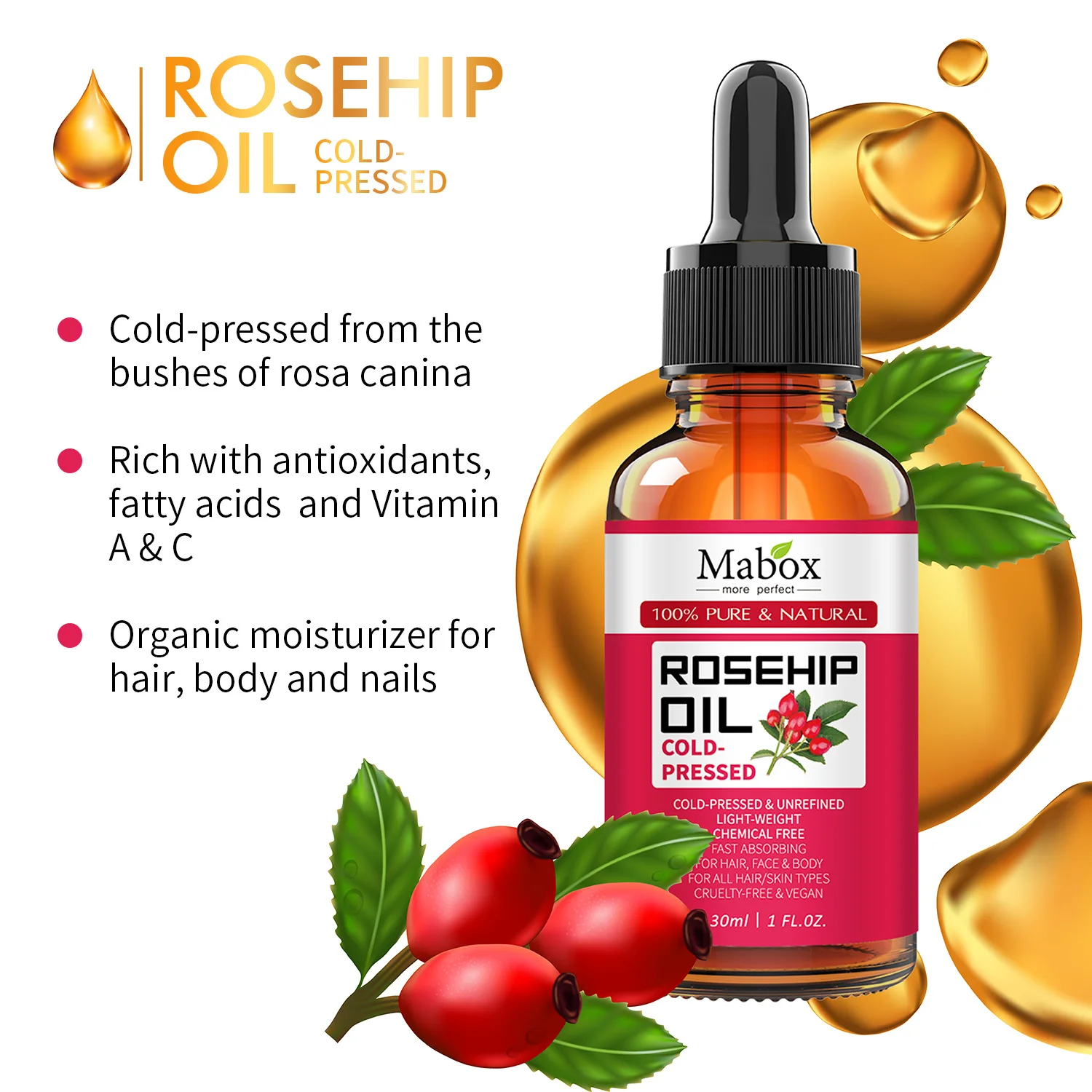 Certified Private Label Pure Rosehip Oil Organic Cold Pressed Anti Stretch Mark Body Essential Oil for Face Body Care