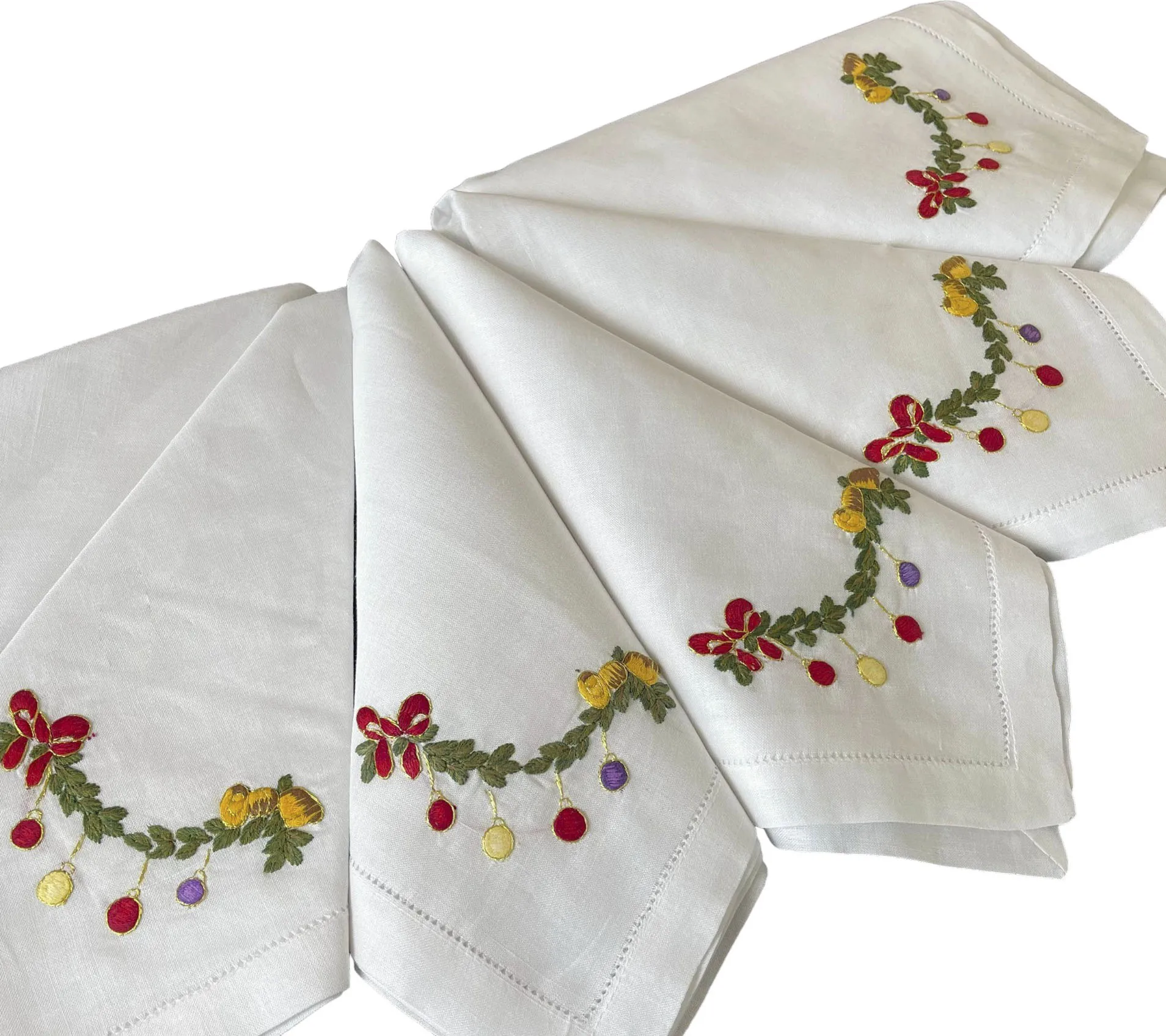 Wholesale Custom White Linen Dinner Napkin Handmade Embroidered Hemstitch Table Linens for Wedding Home & Hotel Events