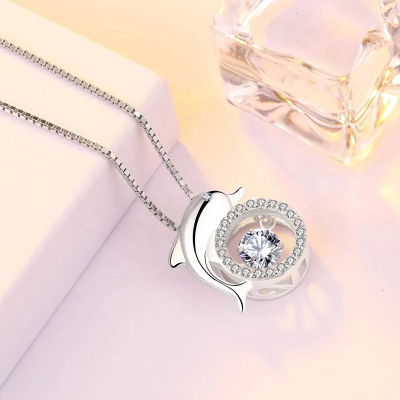 DC42 925 silver bright jewels lovely dolphin  jewelry  necklace with smart stone animal style for girls