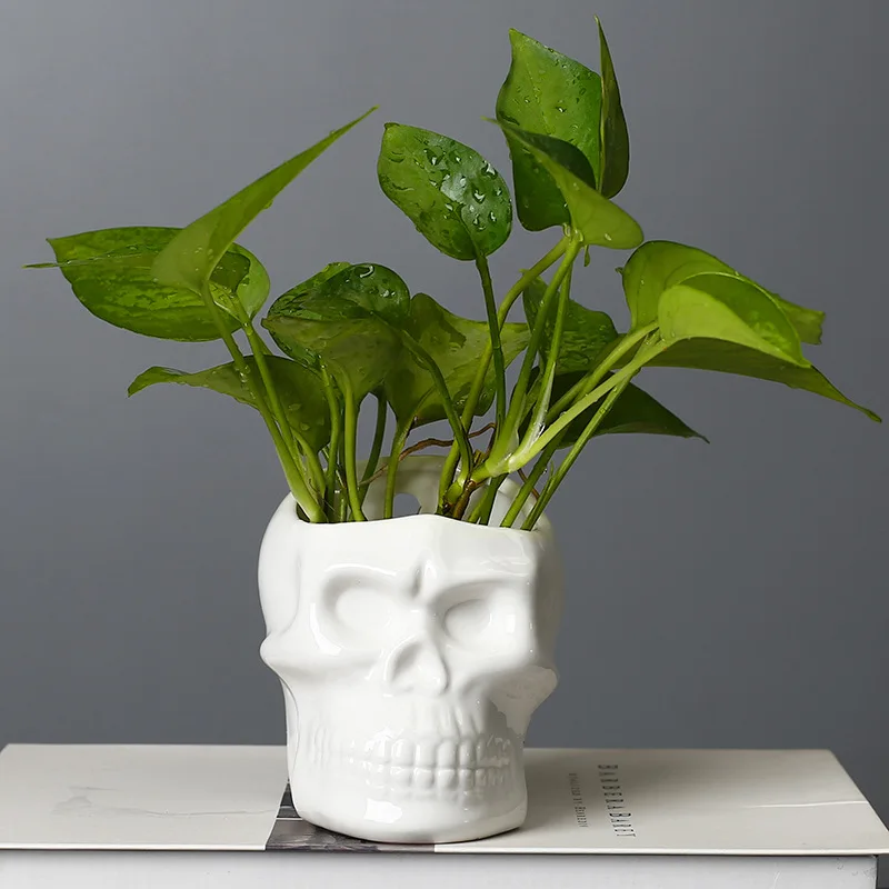 Simple Halloween skull gifts White Black Porcelain Skull Design Flowerpot Garden Creative Desktop Small Flowerpot