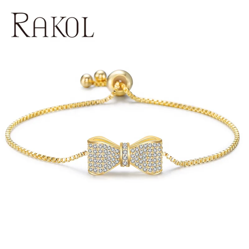 RAKOL BP2034 New Fashion real 18k gold plated AAA zircon bowknot bridal wedding charm bracelet jewelry for women free shipping