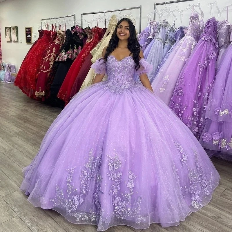 QD1634 Lilac Glitter Quinceanera Dresses Tulle Appliqued Lace Sweet 16 Princess Birthday Party Gowns Vestidos De Anos HOT