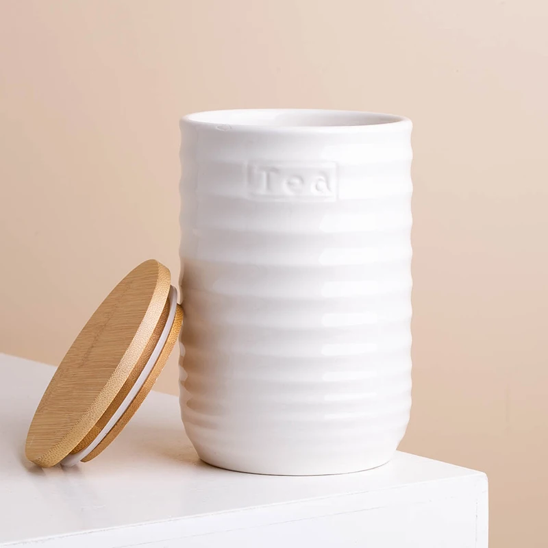 Wholesale Tea Coffee Sugar Ceramic Canister Set With Wooden Lids