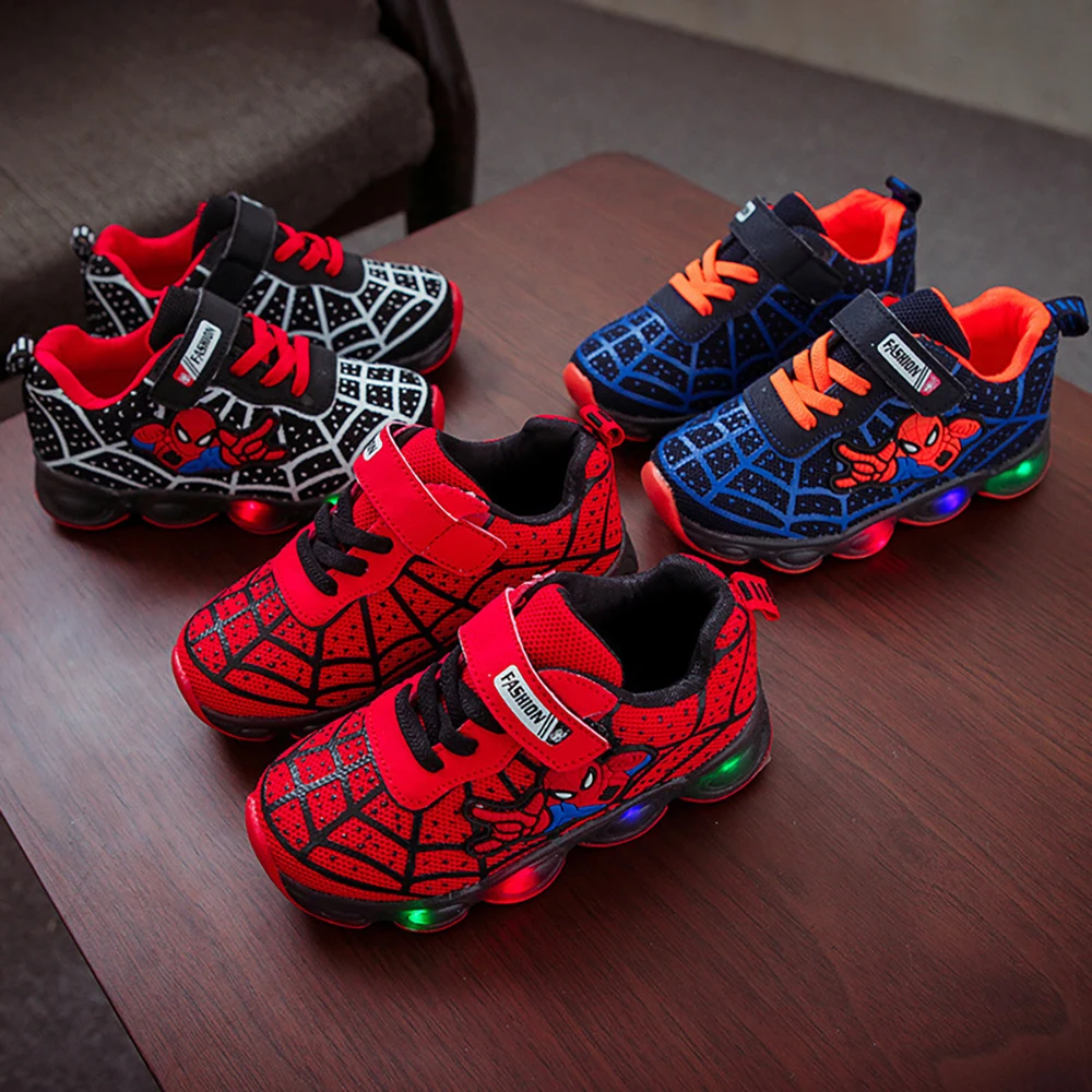 Kids Sport Sneakers Spiderman Led Flashing Boy Girls Children Casual Shoes