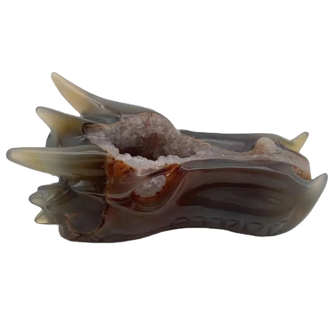 Wholesale Natural Carved Agate Geode Dragon Head Skulls Crystal Crafts Druzy Agate Dragon For Fengshui Decoration