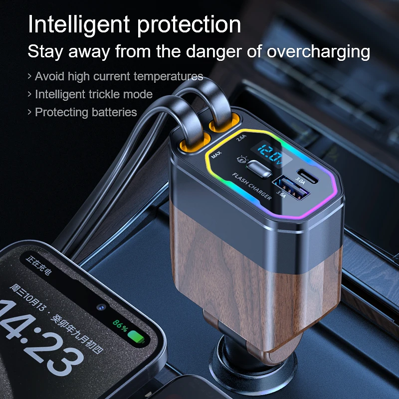 Hot Selling 4-in-1 Retractable 12V/24V C Type USB Port Car Charger Cyberpunk Design Style Efficient Wireless Adapter Made PC