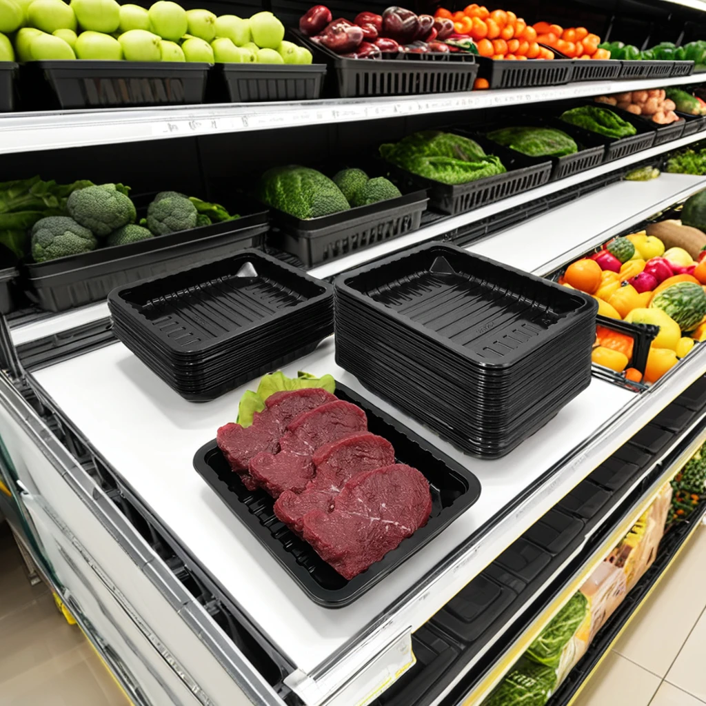 Customized High Quality Supermarket Equipment Rectangular Plastic Food Display Meat Tray Fresh Meat Black Tray