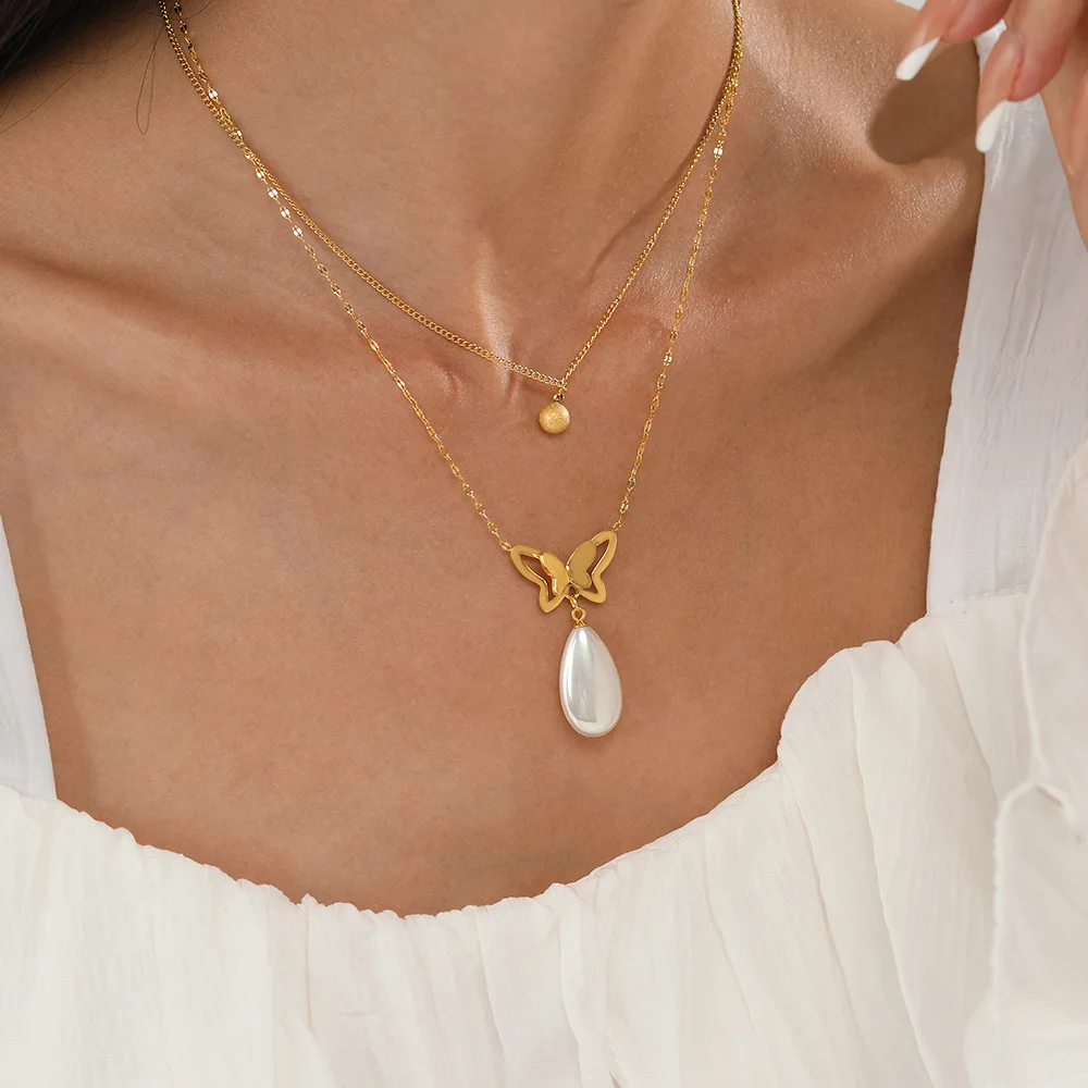 Butterfly Pearl Necklace 14K Gold Plated Double Layers Women Gold Plated Chain Stainless Steel Necklace