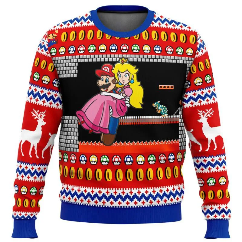 2024 Newest custom Ladies Digital Print Mushroom Brothers printed jacquard Botton Knitted Men Women christmas Sweater