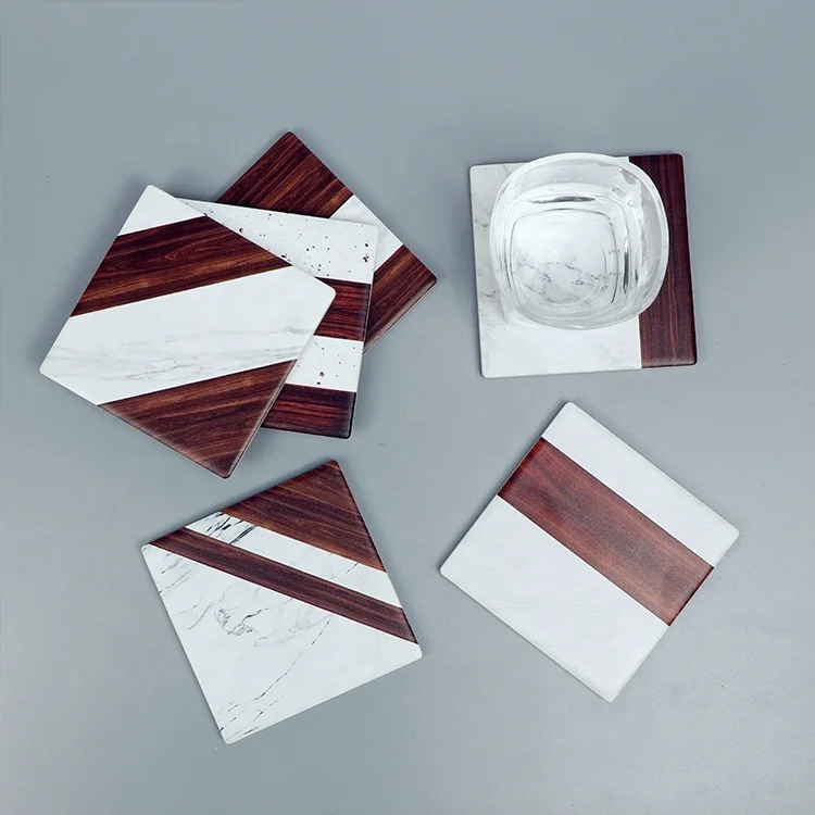 Square OEM marble wood design drink custom ceramic mug square coasters and placemat set coffee tea kitchen table cup mats&pads
