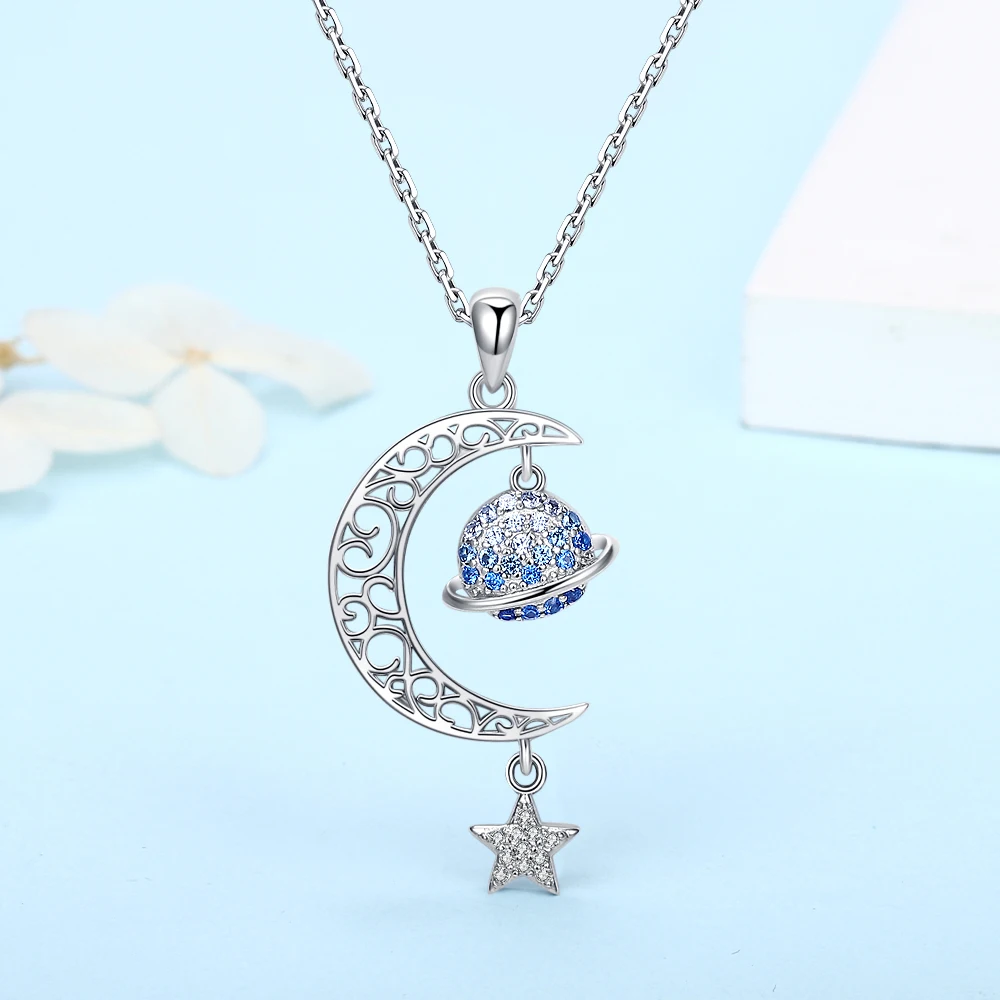 Wholesale 925 sterling silver inlaid blue zircon delicate and lovely half moon planet star tassel shape ladies necklace