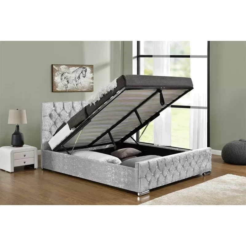 Luxury California Hotel Storage Modern Velvet Full Platform Single Doiuble Twin King Queen Size Bed Frame with Storage Headboard