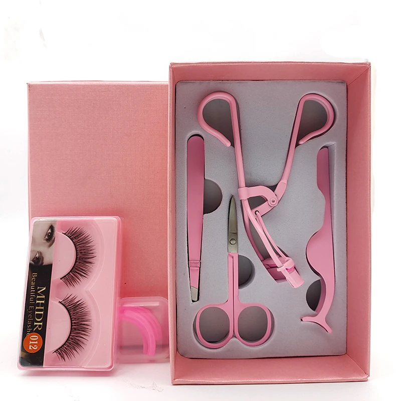 pink custom stainless steel false eyelash tweezer eyebrow scissor clip with lashes curler applicator 4pcs set