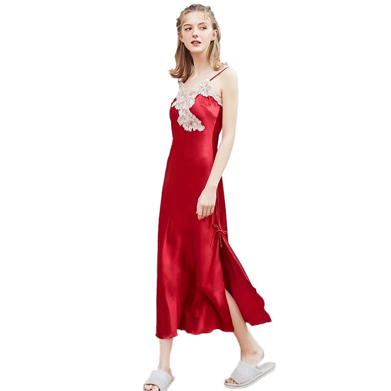High Quality Wholesale Elegant silk slip nightdress for women lace design customized pajamas long satin sexy girl nighty