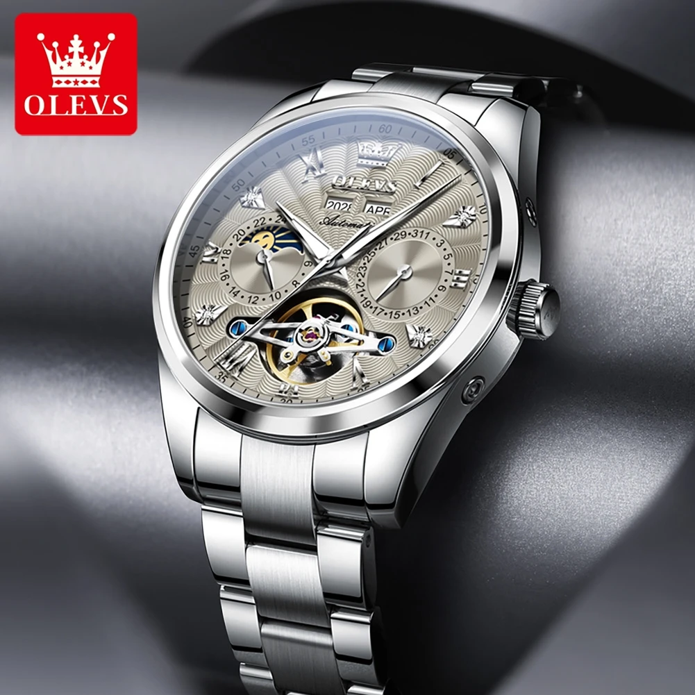 OLEVS 7028 Original Sapphire Mirror Skeleton Male Watch Luxury Watches Automatic Mechanical Men Waterproof Stainless Steel