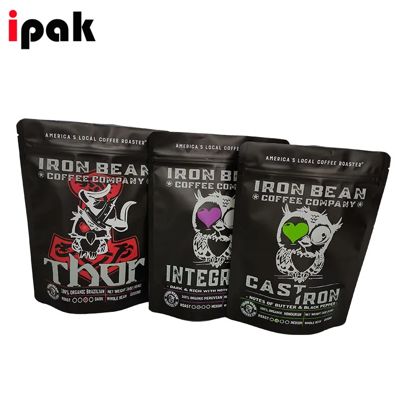 Custom printing coffee packaging pouch smell proof food packaging zip lock matte black stand up pouch bags