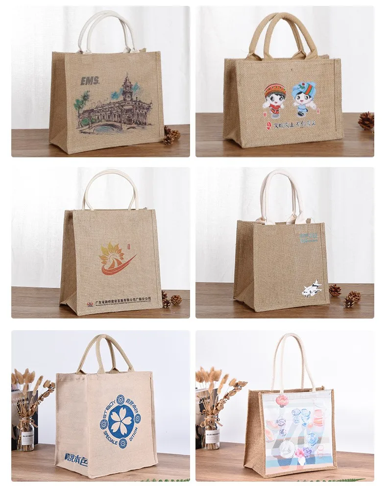 Wholesale Promotion Linen Hessian Hemp Jute Grocery Shopping Burlap Beach Tote Bag With Handle