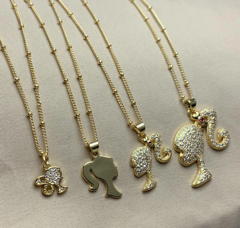 New Diamond with Zirconia Pendant Beauty Head Necklace Fashion Design Cartoon Barbiees Necklace for Women
