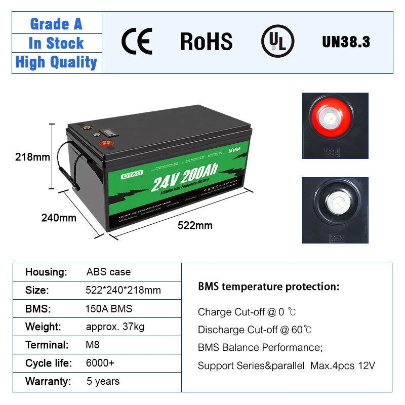 US EU Stock Lifepo4 Battery Pack  24V 200Ah Baterias De Litio Lithium Ion Cell For Rv Golf Cart LFP Solar Energy Storage Battery