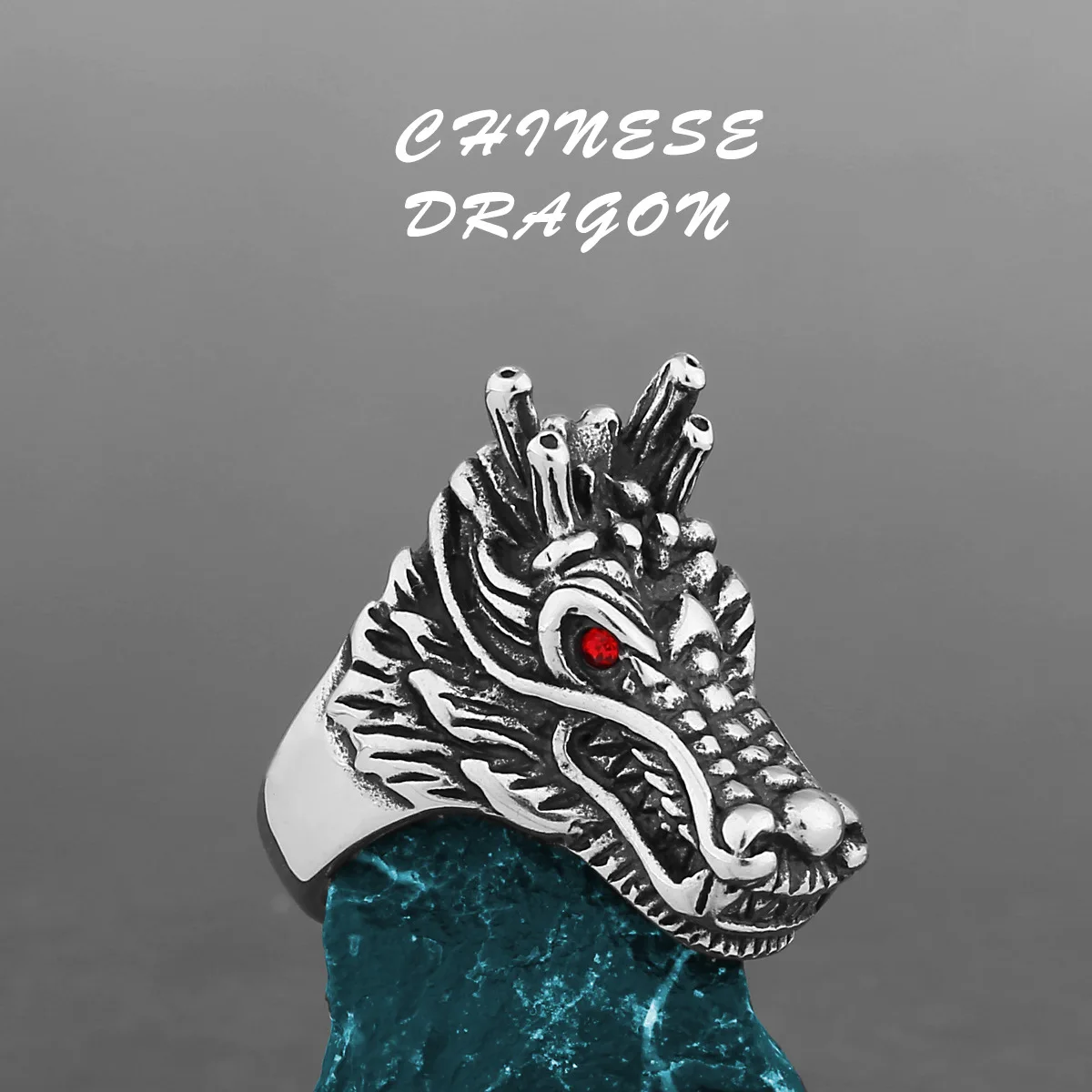 Vintage Viking Nodic Red Eye Dragon Ring Retro Men Stainless Steel Dragon Head Ring for Animal Hip Hop Biker Jewelry