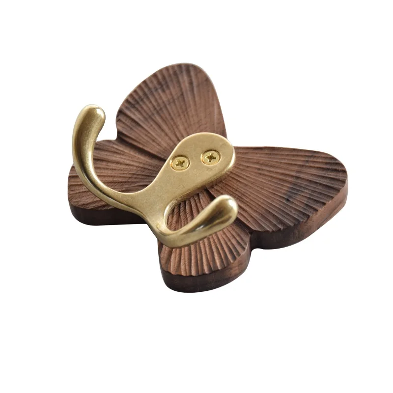 Butterfly Solid Wood Hook Creative Traceless sticky hook Black Walnut door back coat wooden single hook