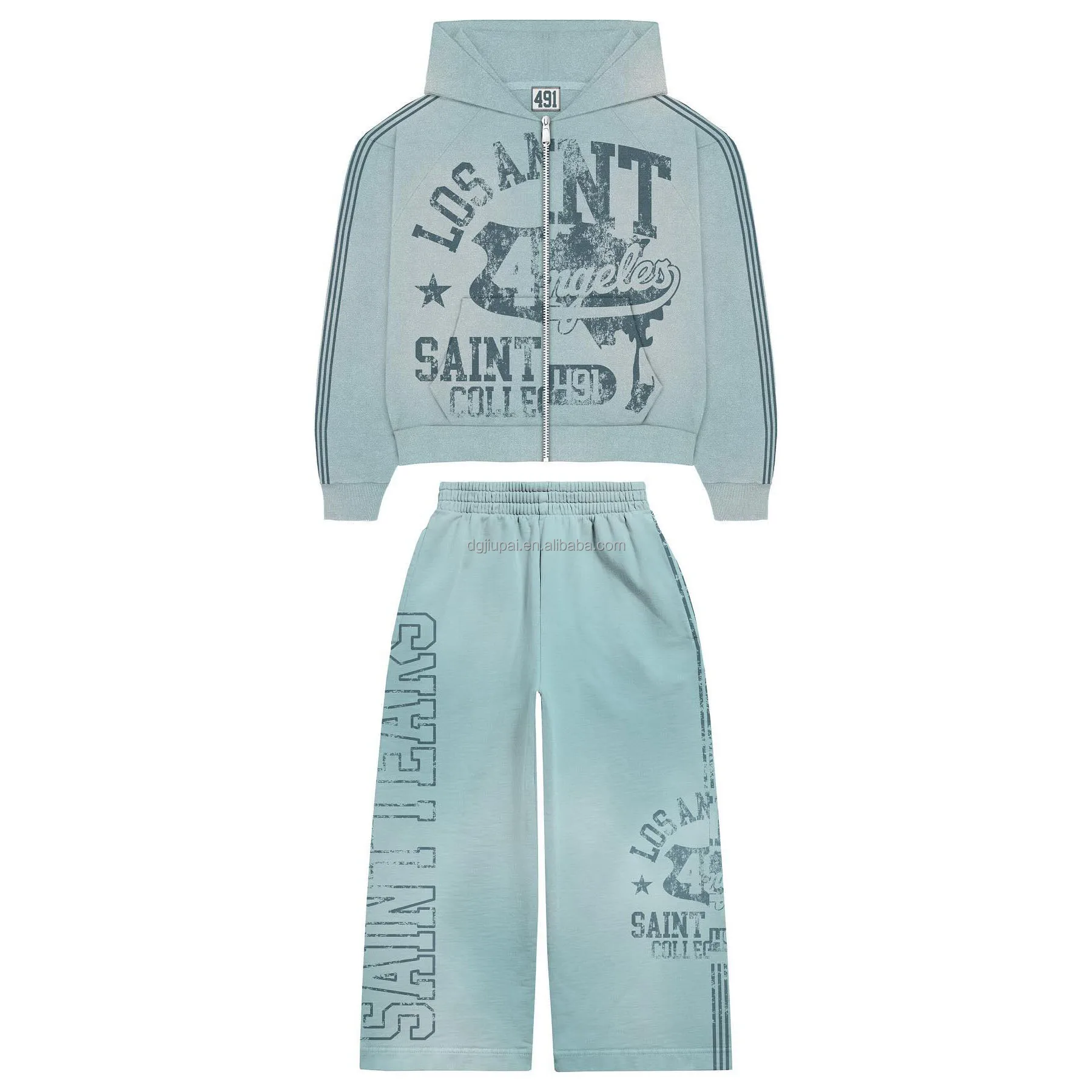 Custom Unisex Dtg Graffiti Oversized Cropped Acid Wash Distressed Vintage Zip up Rhinestone Hoodie and Sweatpants Set