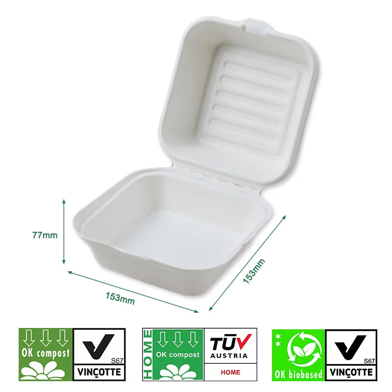 AK2 biodegradable togo food container disposable take away lunch packing bagasse pulp hinge hamburger box chips takeaway