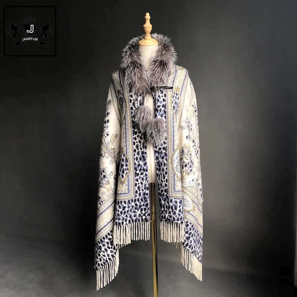 Wholesale Lady Elegant fox Fur Collar Cashmere Knitted cashmere Shawl