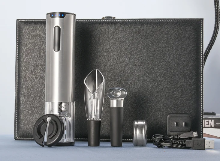 Rechargeable Stainless Steel Electric Wine Bottle Corkscrew Opener Set with Foil Cutter Pourer and Decanter Stopper